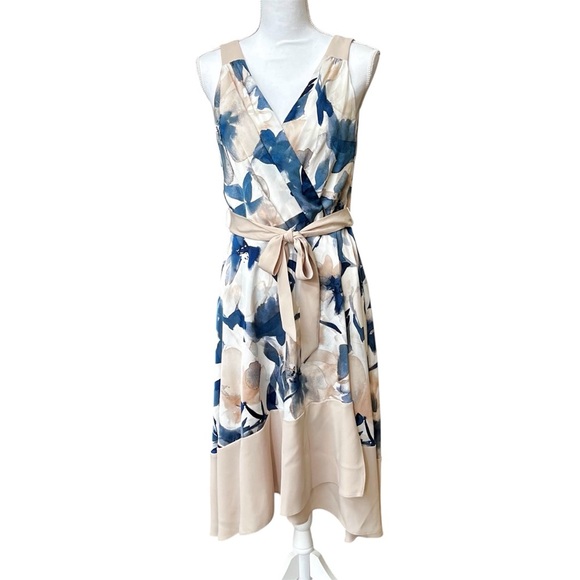 DKNY Long Sleeveless Cream Tan & Navy Blue Floral Dress Faux Wrap Size 8 NWT - Picture 1 of 16